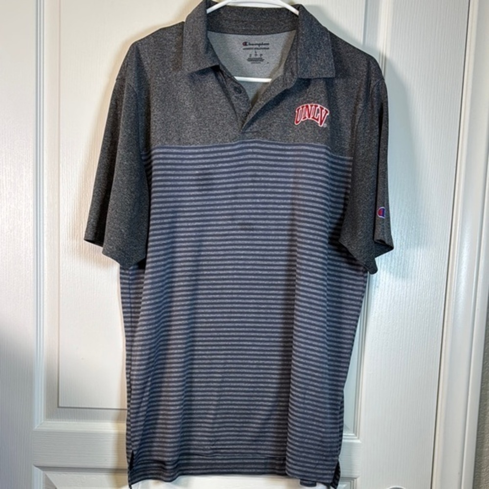 Champion UNLV Rebels Las Vegas Stripe Gray Blue Polo Shirt Size Large #2648